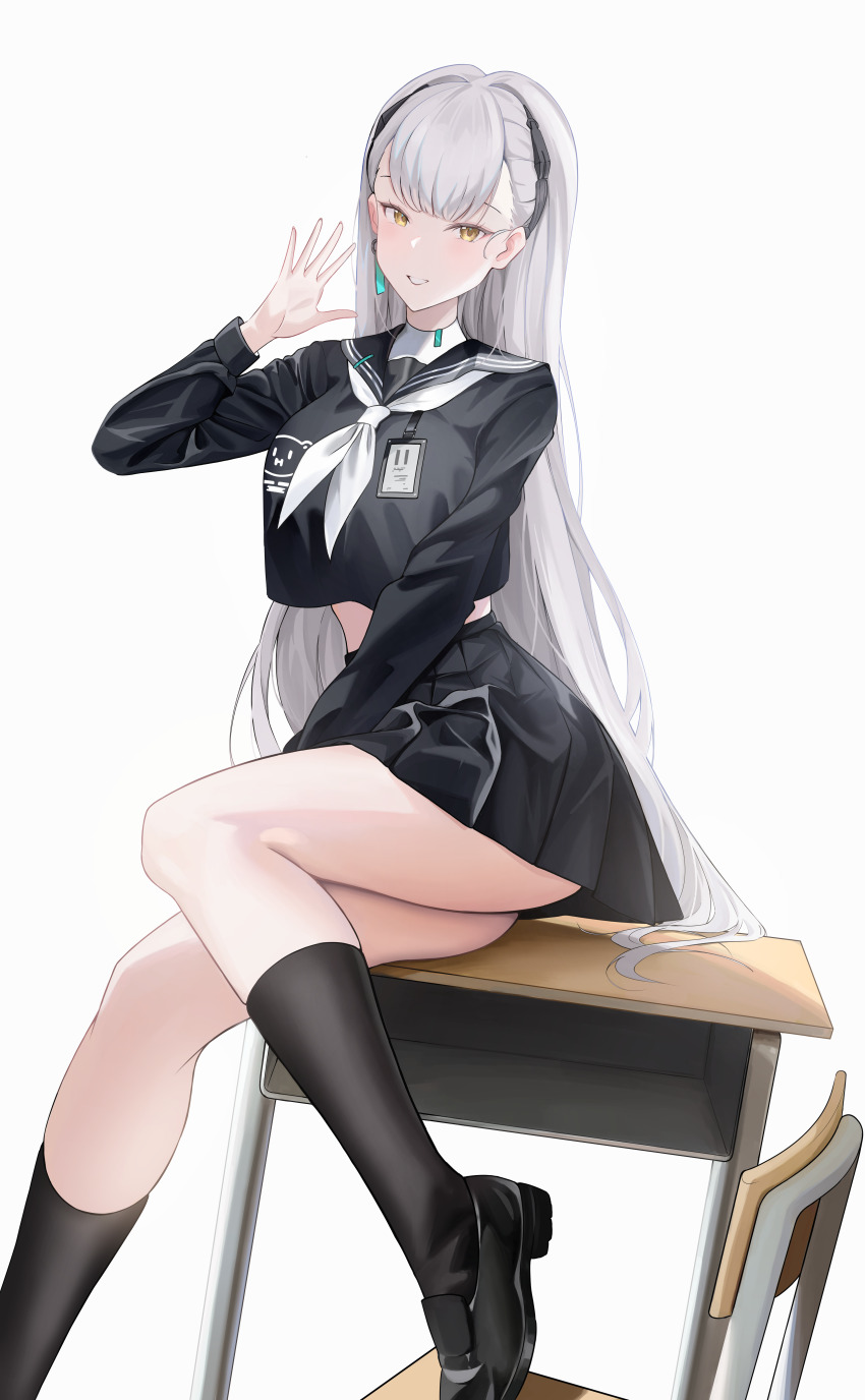 1girl absurdres ak-alfa_(girls'_frontline) black_serafuku black_shirt black_shoes black_skirt black_socks blush breasts commentary_request cropped_shirt earrings feet_out_of_frame girls'_frontline girls'_frontline_2:_exilium grey_hair hand_up highres id_card jewelry liyuanqianling long_hair long_sleeves looking_at_viewer medium_breasts neckerchief open_mouth school_uniform serafuku shirt shoes single_earring sitting sitting_on_table skirt smile socks solo tololo_(girls'_frontline_2) very_long_hair white_background white_neckerchief yellow_eyes