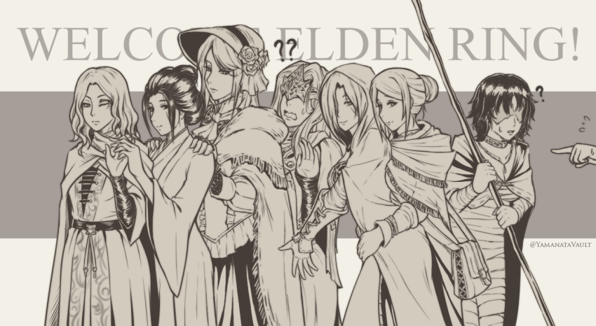 1other 6+girls ? anastacia_of_astora ascot bag bandages blindfold_mask bloodborne bonnet choker cloak closed_mouth commentary company_connection covered_eyes dark_souls_(series) dark_souls_i dark_souls_ii dark_souls_iii demon&#039;s_souls dress elden_ring emerald_herald emma_the_gentle_blade english_commentary english_text eye_mask facing_another feet_out_of_frame fire_keeper flower flying_sweatdrops fromsoftware greyscale hair_bun hair_over_one_eye hand_up hands_on_another&#039;s_shoulders haori hat holding holding_staff hood hood_up interlocked_fingers japanese_clothes jewelry kimono long_hair long_sleeves looking_at_viewer maiden_in_black mask melina_(elden_ring) monochrome multiple_girls no_eyes one_eye_closed open_mouth parted_hair pendant plain_doll pointing robe rose satchel sekiro:_shadows_die_twice short_hair single_hair_bun sleeves_past_wrists smile staff sweatdrop swept_bangs twitter_username two-tone_background updo v_arms vambraces yamanata