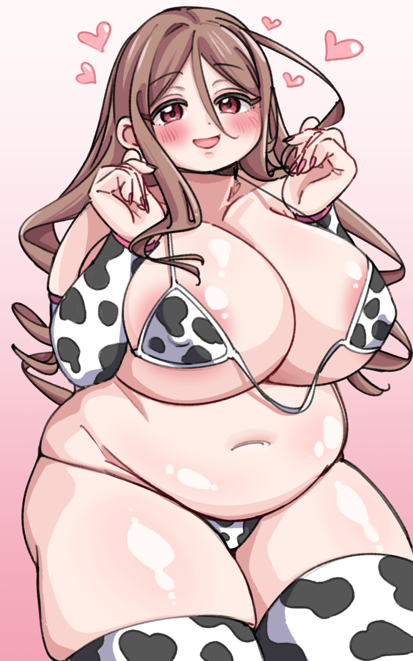 1girl acryl_c animal_print areola_slip belly bikini blush breasts brown_hair cleavage cow_print cow_print_bikini cow_print_gloves cow_print_thighhighs elbow_gloves gloves heart huge_breasts long_hair loose_bikini navel open_mouth original pink_background pink_nails plump print_bikini print_gloves print_thighhighs red_eyes shiny_skin smile solo standing swimsuit thick_thighs thighhighs thighs wavy_hair