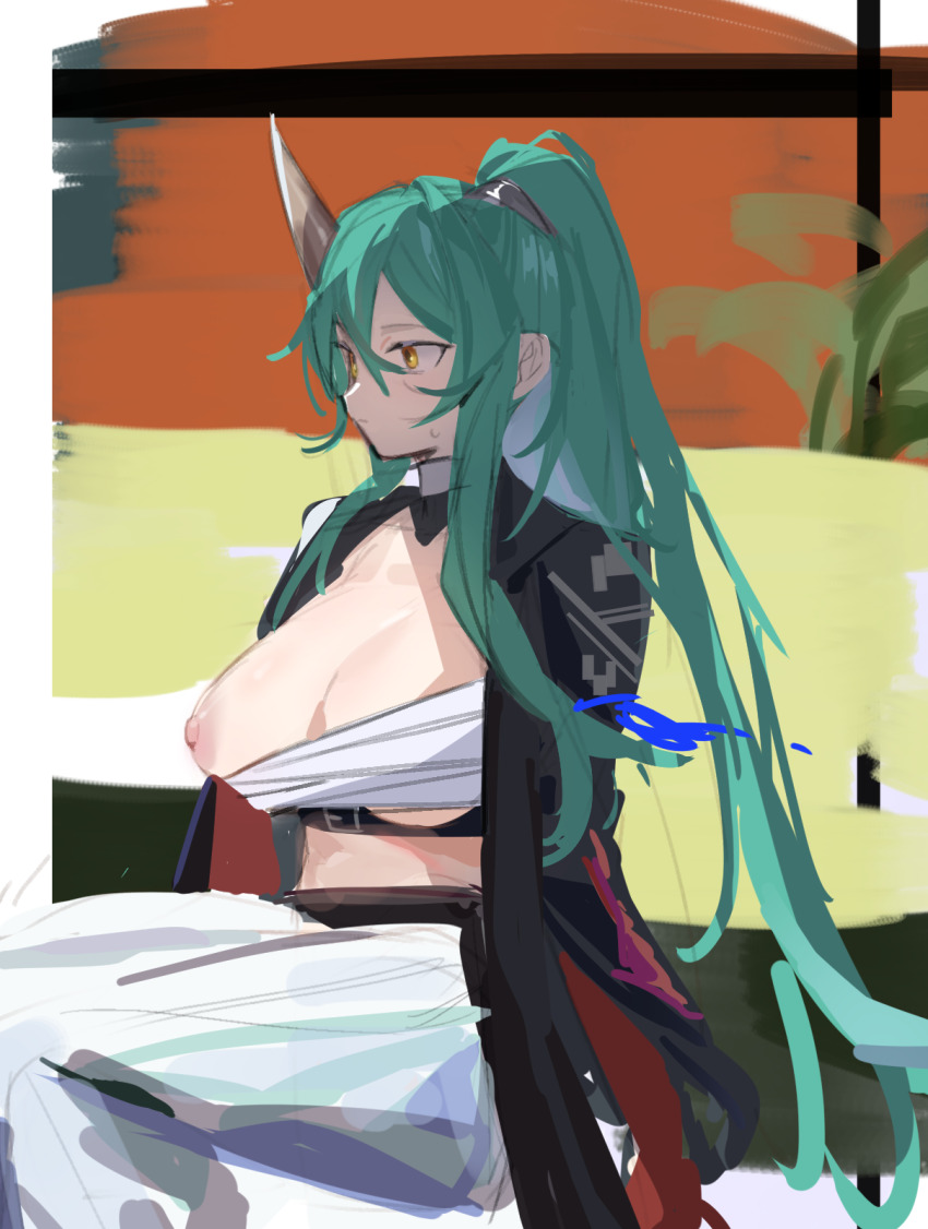 1girl arknights black_jacket breasts brown_horns chest_sarashi commentary_request hair_between_eyes highres horns hoshiguma_(arknights) jacket large_breasts long_hair nipples one_breast_out ponytail sarashi single_horn sitting sketch solo very_long_hair ydjc0604 yellow_eyes