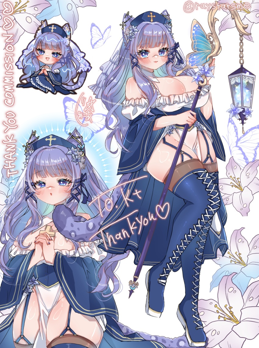 1girl blue_eyes blue_hair blush boots breasts bug butterfly chibi cleavage commission cross_laced_footwear detached_sleeves flower full_body garter_straps hat highres holding holding_staff insect junior_(namatamemisa) lace_up_boots large_breasts leotard long_hair looking_at_viewer multiple_views original own_hands_together purple_hair skeb_commission smile staff thigh_boots thighhighs virtual_youtuber