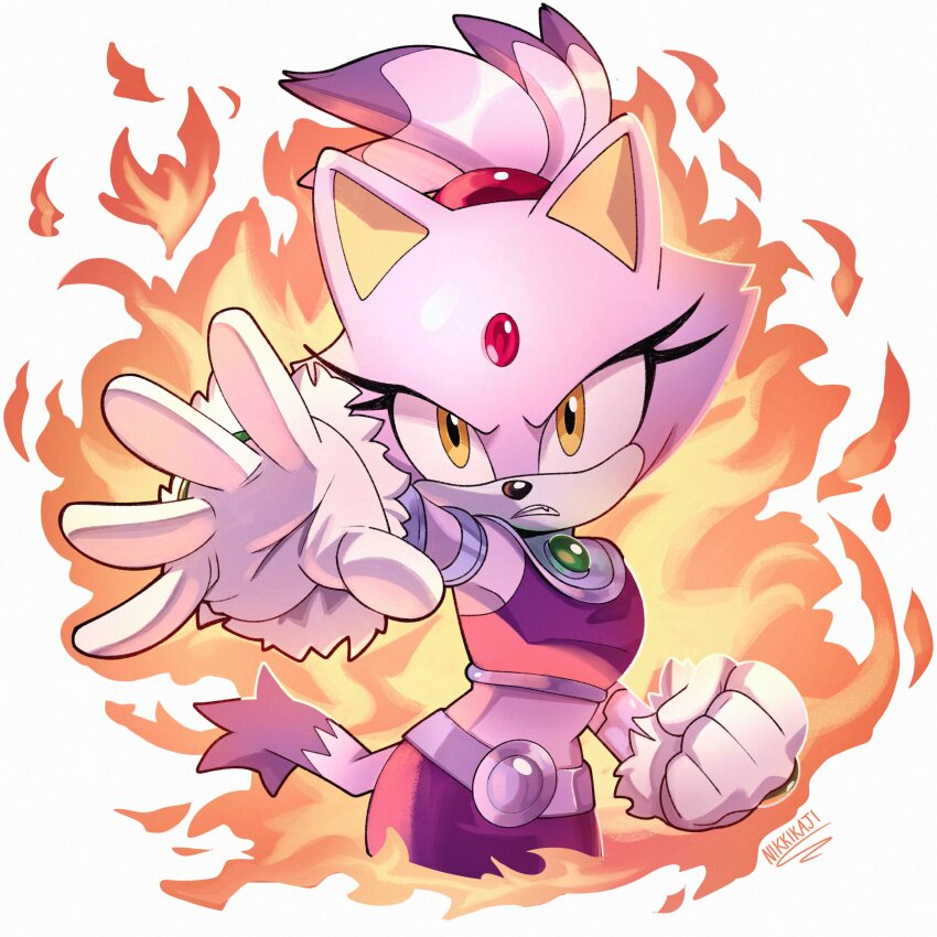 1girl absurdres animal_ears armlet artist_name blaze_the_cat cat_ears cat_girl cat_tail chest_jewel cosplay fire forehead_jewel fur-trimmed_gloves fur_trim furry furry_female gloves highres jewelry midriff nikkikaji ponytail purple_fur purple_skirt purple_tank_top pyrokinesis skirt sonic_(series) starfire starfire_(cosplay) superhero_costume tail tank_top topknot white_gloves yellow_eyes
