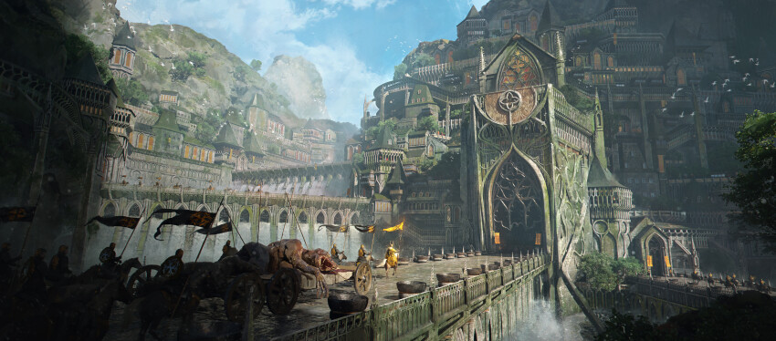 absurdres banner blue_sky bridge castle city commentary corpse day english_commentary fantasy felixriano flock highres horseback_riding knight landscape light_rays medieval monster mountain mountainous_horizon original painterly riding scenery sky tree water waterfall