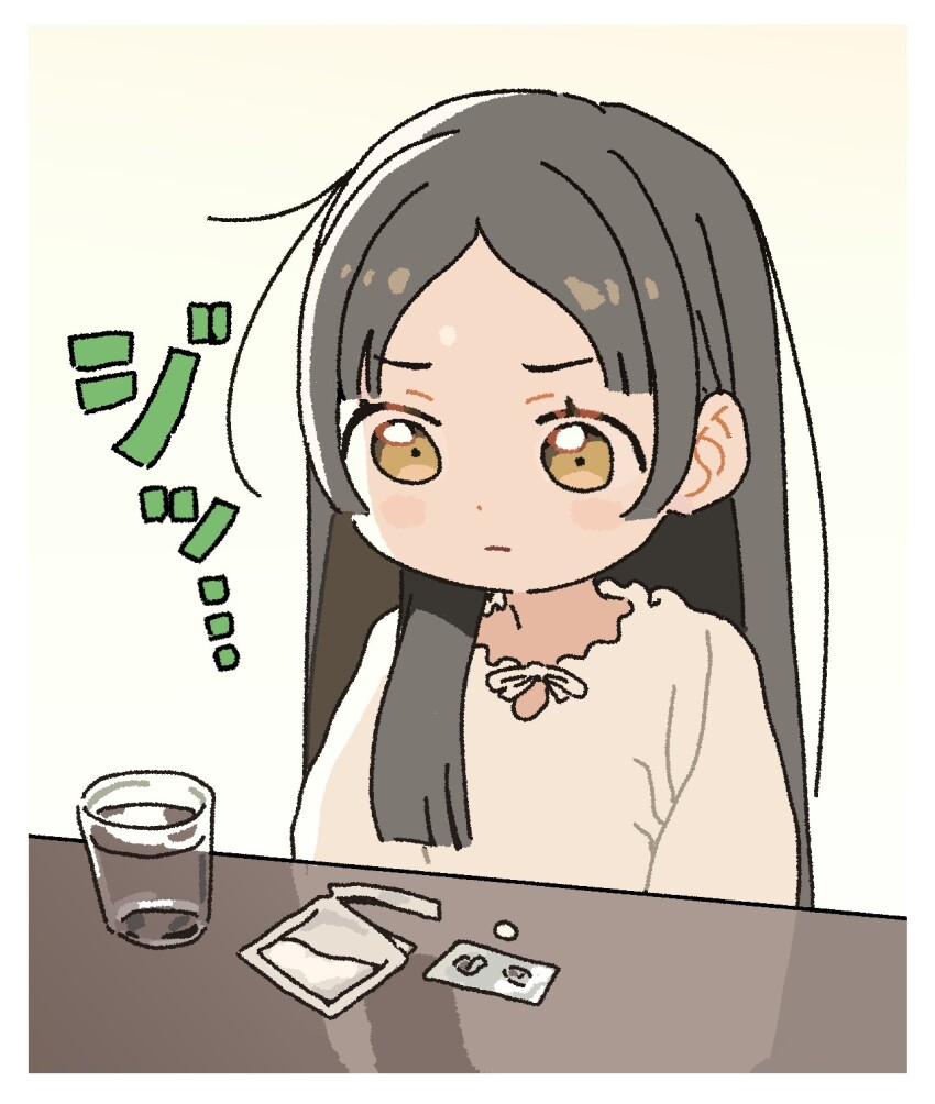 1girl black_hair blister_pack blunt_ends blush_stickers border brown_eyes closed_mouth commentary_request cup dismal_poop drinking_glass gakuen_idolmaster highres idolmaster kuramoto_china long_hair looking_at_object looking_down medicine nightgown parted_bangs pill solo table upper_body water white_border white_nightgown