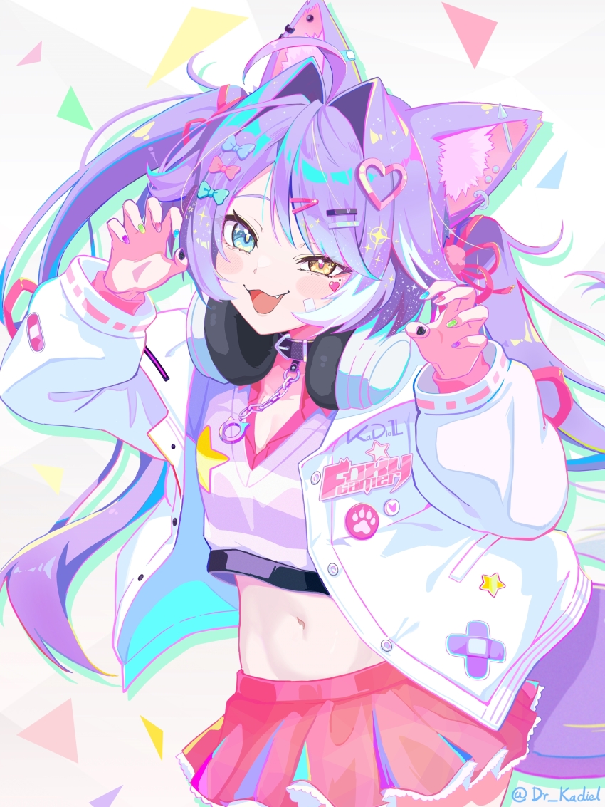 1girl absurdres ahoge animal_ear_fluff animal_ears black_collar blue_eyes blush_stickers bow breasts chain claw_pose cleavage collar colorful commentary cowboy_shot crop_top cropped_shirt english_commentary fang fingernails fox_ears groin hair_bow hair_ears hair_ornament hairclip hands_up headphones headphones_around_neck heart heart_sticker heterochromia high_heels highres jacket kadiel layered_sleeves long_hair long_sleeves midriff miniskirt mole mole_under_eye multicolored_hair multicolored_nails nail_polish navel open_clothes open_jacket open_mouth parallel_hairclips parted_bangs pink_skirt pleated_skirt purple_hair shirt skirt small_breasts smile solo sparkle standing stellive sticker sticker_on_face streaked_hair striped_clothes striped_shirt tenko_shibuki twintails twitter_username v-neck virtual_youtuber white_background white_jacket yellow_eyes