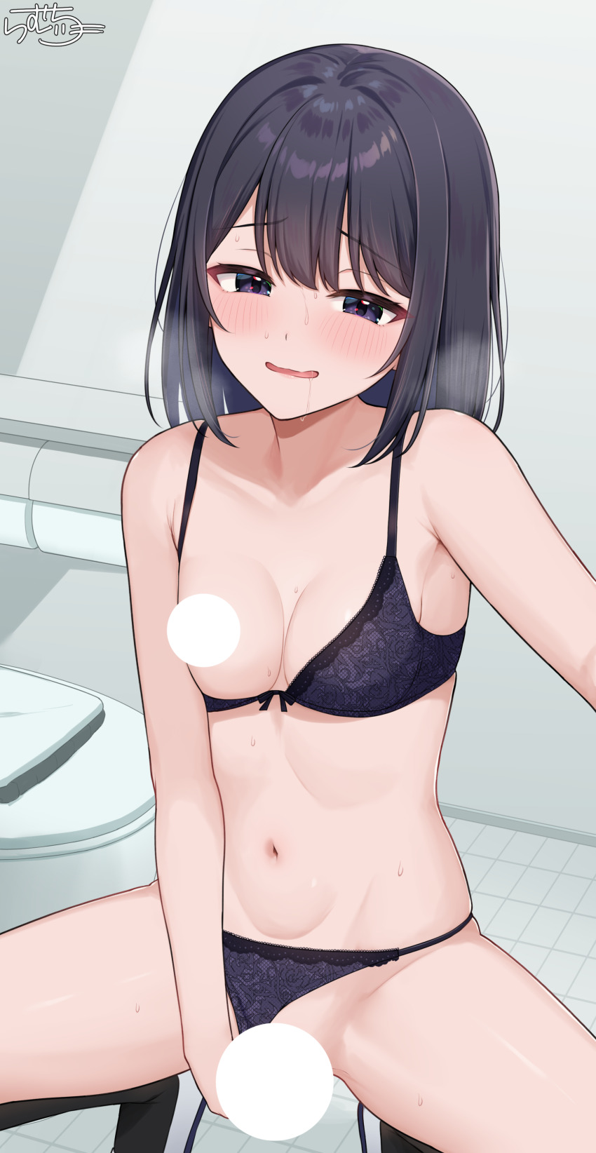 1girl absurdres armpit_crease black_bra black_hair black_hair-chan_(ramchi) black_panties blush bra bra_pull breasts censored censored_nipples clothes_pull clothing_aside collarbone commentary_request groin highres knees_out_of_frame medium_hair navel original panties panties_aside parted_lips purple_eyes raised_inner_eyebrows ramchi saliva small_breasts spread_legs squatting stomach straight_hair sweat thighs toilet underwear