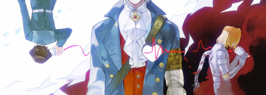 3boys absurdres ascot blonde_hair blue_coat brown_hair buttons carlo_(lies_of_p) coat commentary english_commentary head_out_of_frame highres kuishang666 lies_of_p mechanical_arms multiple_boys open_clothes open_coat pinocchio_(lies_of_p) prosthesis prosthetic_arm romeo_(lies_of_p) romeo_king_of_puppets single_mechanical_arm upside-down white_ascot white_background