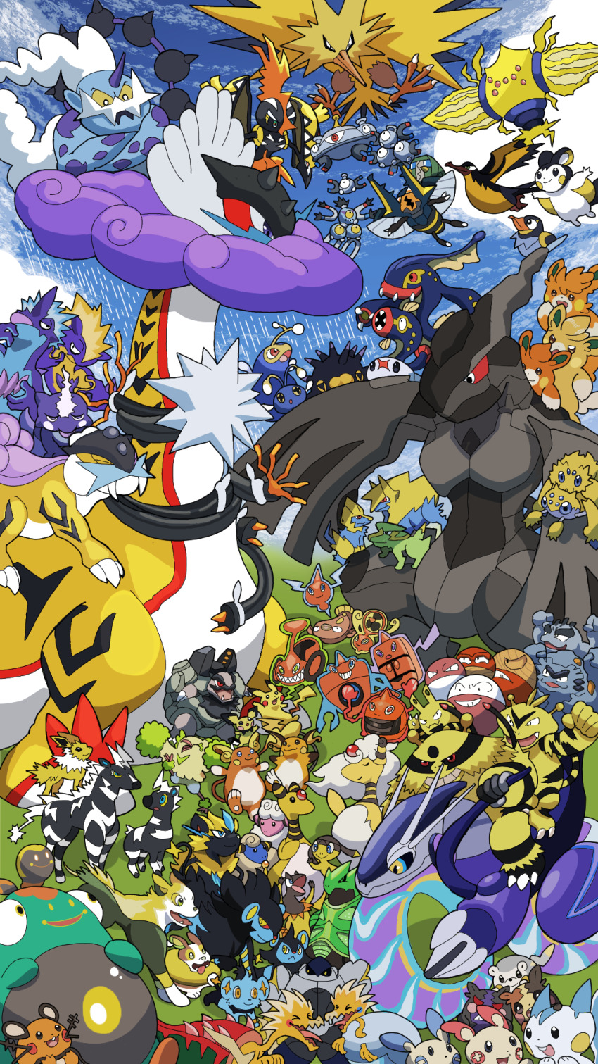 >_< :o absolutely_everyone alolan_form alolan_geodude alolan_golem alolan_graveler alolan_raichu ampharos aqua_eyes arctozolt bellibolt bird blitzle blue_eyes blue_sky boltund charjabug chinchou closed_eyes closed_mouth cloud colored_sclera commentary_request crossed_arms day dracozolt dragon eelektrik eelektross electabuzz electivire electrike electrode_(pokemon) elekid emolga everyone fangs flaaffy floating flying galvantula gen_1_pokemon gen_2_pokemon gen_3_pokemon gen_4_pokemon gen_5_pokemon gen_6_pokemon gen_7_pokemon gen_8_pokemon green_eyes heliolisk helioptile highres hisuian_electrode hisuian_voltorb iron_hands_(pokemon) iron_thorns jolteon joltik kilowattrel lanturn legendary_pokemon long_neck luxio luxray magnemite magnet magneton magnezone manectric mareep mega_ampharos mega_manectric mega_pokemon minun miraidon miyagawa_(maxggguys) morpeko morpeko_(full) morpeko_(hangry) mythical_pokemon nintendo non-humanoid_robot one-eyed open_mouth oricorio oricorio_(pom-pom) outdoors pachirisu pawmi pawmot pichu pikachu pincurchin plusle pokemon pokemon_(creature) pokemon_focus purple_eyes raging_bolt raichu raikou rain red_eyes red_sclera regieleki riding riding_pokemon robot rotom rotom_(fan) rotom_(frost) rotom_(heat) rotom_(mow) rotom_(normal) rotom_(wash) sandy_shocks sharp_teeth shinx sky smile stunfisk tadbulb teeth thundurus thundurus_(incarnate) togedemaru tongue toxel toxtricity toxtricity_(amped) toxtricity_(low_key) trait_connection tynamo ultra_beast vikavolt voltorb wattrel white_eyes xurkitree yamper yellow_eyes yellow_sclera zapdos zebstrika zekrom zeraora