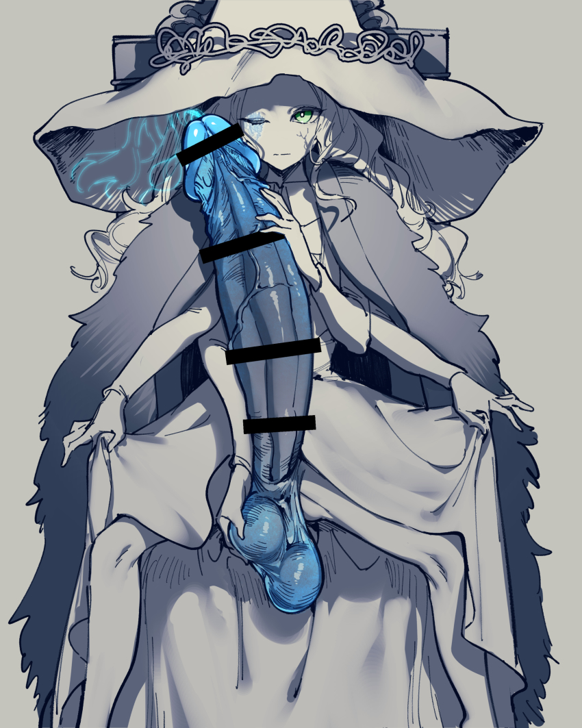 1futa absurdres bar_censor censored clothes_grab dress elden_ring erection expressionless extra_arms fromsoftware futanari green_eyes grey_background hat highres huge_penis large_testicles long_hair looking_at_viewer mirin_chikuwa one_eye_closed penis ranni_the_witch smile solo spread_legs testicle_grab testicles veins veiny_penis witch witch_hat