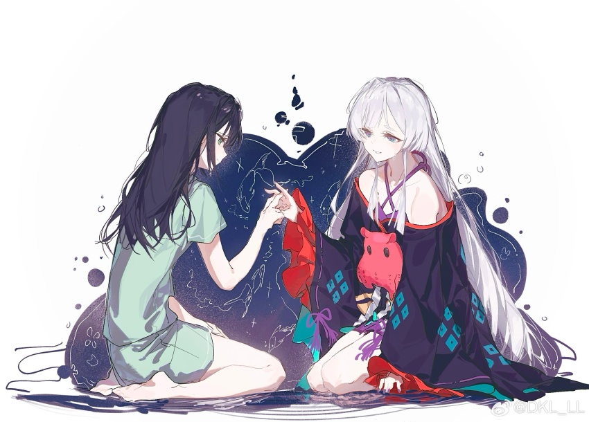 2girls bare_shoulders barefoot black_kimono chinese_commentary chou_kaguya-hime! commentary_request crying crying_with_eyes_open dkl_(dinosaurkl2) frilled_sleeves frills from_side full_body green_shirt green_shorts grey_hair highres interlocked_fingers japanese_clothes kimono long_hair long_sleeves looking_at_another multiple_girls octopus off_shoulder pajamas parted_lips profile runami_yachiyo sakayori_iroha seiza shirt shorts sitting smile spoilers tears very_long_hair watermark weibo_watermark