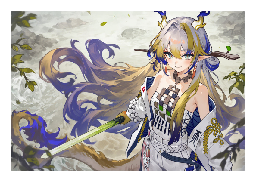1girl arknights bare_shoulders beads belt blonde_hair blush border chinese_commentary closed_mouth colored_extremities commentary cowboy_shot day dragon_girl dragon_horns dragon_tail earrings eyeliner green_eyes grey_hair hair_between_eyes hair_intakes holding holding_sword holding_weapon horns jacket jewelry leaf long_hair long_sleeves looking_at_viewer makeup multicolored_hair necklace nn95270 off_shoulder outdoors pointy_ears purple_hair red_eyeliner red_pupils shu_(arknights) slit_pupils smile solo standing strapless sword tail tube_top very_long_hair water weapon white_belt white_border white_jacket white_tube_top wind