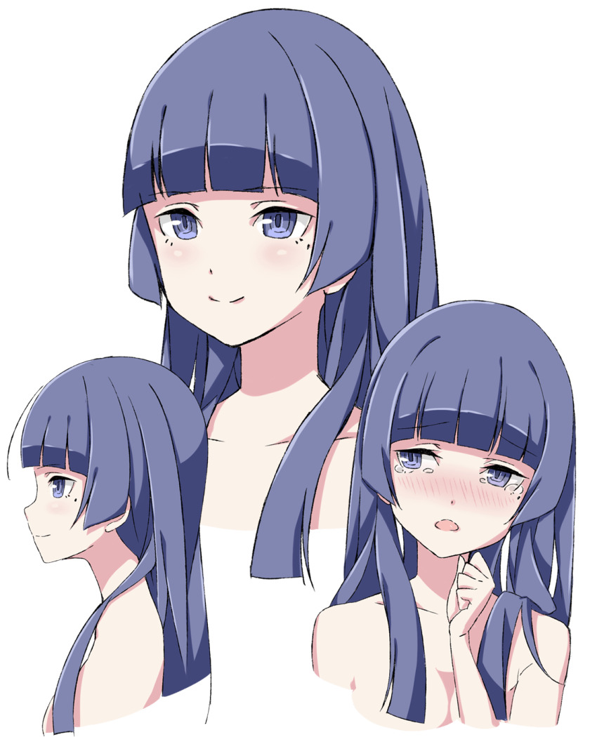 1girl blunt_bangs blush breasts henkei_shoujo highres itsuki_(henkei_shoujo) long_hair monochrome multiple_views nude official_art straight_hair transparent_background upper_body