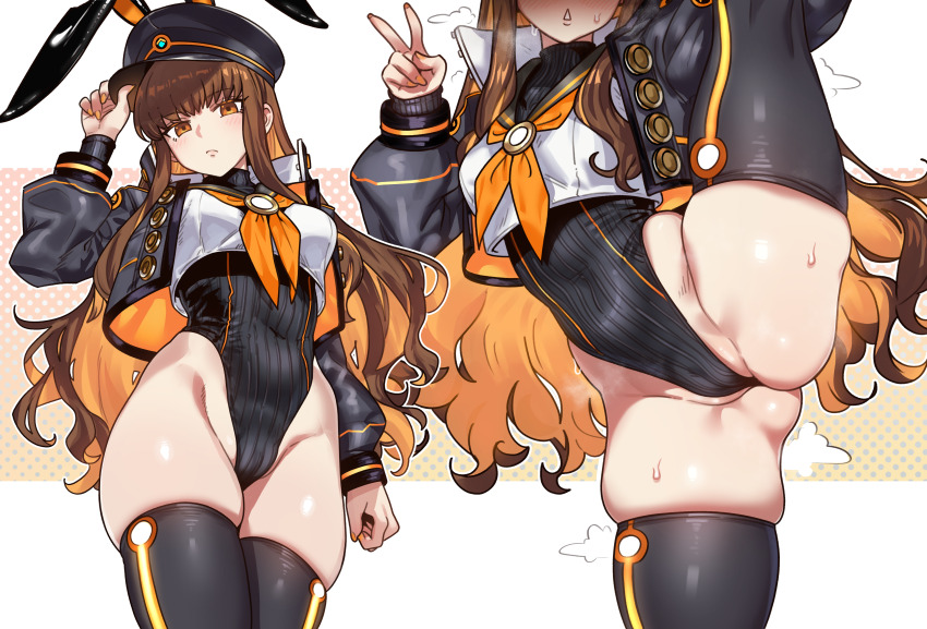 1girl absurdres adapted_costume animal_ears black_hat black_jacket black_thighhighs blush breasts brown_eyes brown_hair cameltoe covered_navel ebora fake_animal_ears fate/grand_order fate_(series) hat highres jacket kishinami_hakuno_(female) kishinami_hakuno_(female)_(mooncancer) leotard long_hair looking_at_viewer rabbit_ears sidelocks solo split standing standing_on_one_leg standing_split thighhighs v