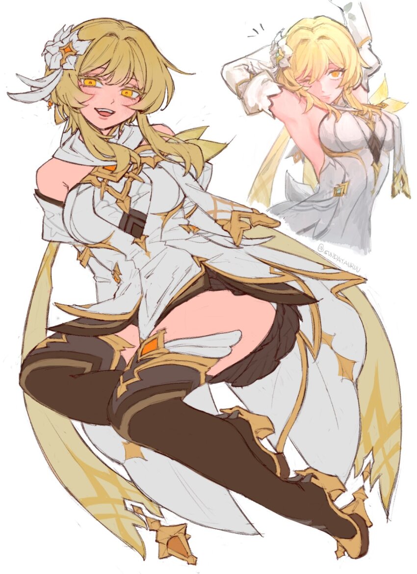 1girl :d arm_behind_head arm_support arm_up armpits arms_behind_head arms_up bare_shoulders black_thighhighs blonde_hair breasts closed_mouth detached_sleeves dress feather_hair_ornament feathers flower genshin_impact hair_between_eyes hair_flower hair_ornament high_heels highres large_breasts long_sleeves looking_at_viewer lumine_(as_heaven_and_earth_are_made_anew)_(genshin_impact) lumine_(genshin_impact) mihoyo multicolored_flower official_alternate_costume one_eye_closed open_mouth panties pantyshot presenting_armpit scarf short_dress short_hair short_hair_with_long_locks sidelocks simple_background smile solo sundayauruu thighhighs underwear watermark white_background white_dress white_flower white_panties white_scarf white_sleeves yellow_eyes