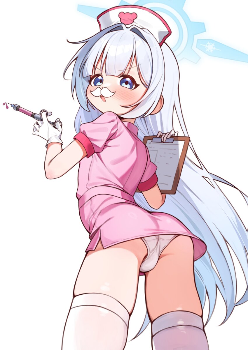 1girl blue_archive blue_eyes blue_halo blush cherino_(blue_archive) clipboard dress facial_hair fake_facial_hair fake_mustache gloves halo hat highres holding holding_clipboard holding_syringe led_winter loli long_hair looking_back mustache nurse nurse_cap panties pink_dress pink_thighhighs solo syringe thighhighs underwear white_background white_gloves white_hair white_mustache white_panties
