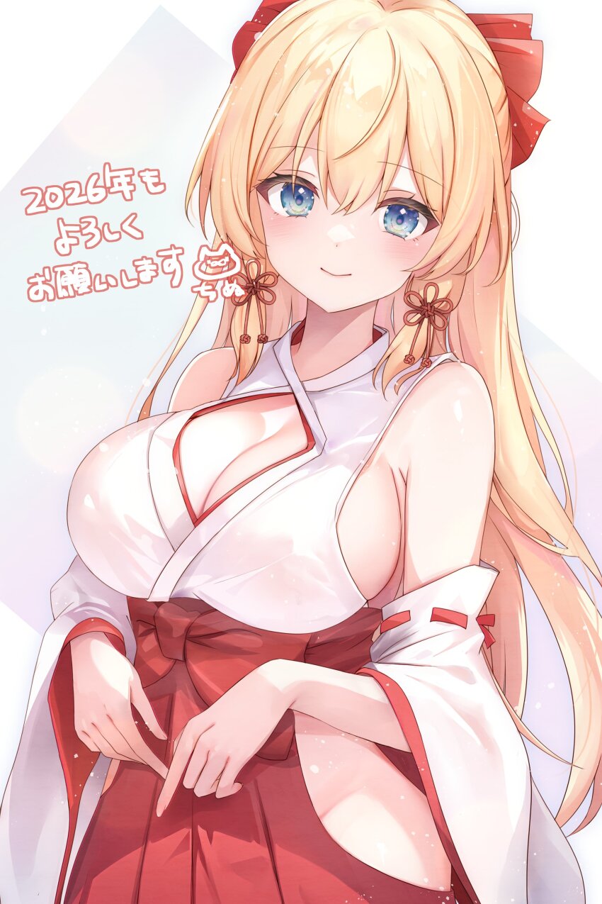 1girl absurdres bare_shoulders blonde_hair blue_eyes bow breasts cinu cleavage cleavage_cutout closed_mouth clothing_cutout commentary_request cowboy_shot detached_sleeves flower_knot hair_bow high-waist_skirt highres hip_vent kotoyoro large_breasts long_hair looking_at_viewer new_year nontraditional_miko original red_skirt shirt sideboob skirt sleeveless sleeveless_shirt smile solo very_long_hair white_background white_shirt wide_sleeves
