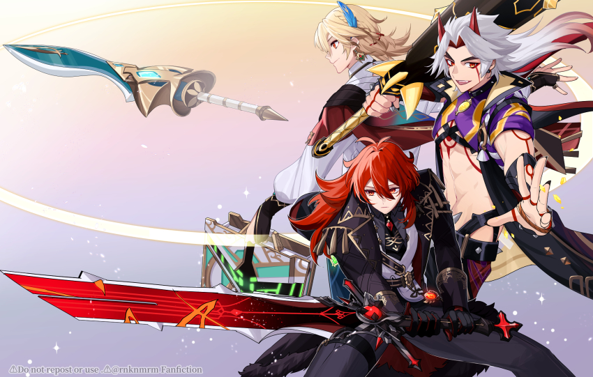 3boys :d abs antenna_hair arataki_itto artist_name belt black_belt black_choker black_coat black_nails black_necktie black_pants black_shirt blonde_hair bodypaint braid cape choker closed_mouth club club_(weapon) coat collared_coat collared_shirt commentary_request crop_top diluc_(genshin_impact) earrings facepaint fangs feather_hair_ornament feathers fighting_stance fingernails floating_hair fur-trimmed_coat fur_trim gem genshin_impact gold_trim gradient_background gradient_hair hair_between_eyes hair_intakes hair_ornament highres hiki_yuichi holding holding_club holding_suitcase holding_sword holding_weapon horns jewelry kaveh_(genshin_impact) lapels long_hair long_sleeves looking_at_viewer looking_to_the_side low_ponytail makhaira_aquamarine_(genshin_impact) male_focus mehrak_(genshin_impact) multicolored_hair multiple_boys navel necktie open_clothes open_coat open_mouth outstretched_hand pants parted_bangs ponytail profile puffy_long_sleeves puffy_sleeves purple_shirt red_cape red_eyes red_gemstone red_hair red_horns rope sharp_fingernails shirt short_necktie short_sleeves sidelocks simple_background single_braid sleeve_cuffs sleeveless sleeveless_coat smile spiked_choker spiked_club spikes stomach suitcase sword tassel teeth thigh_strap twitter_username upper_teeth_only v-shaped_eyebrows vest vision_(genshin_impact) watermark weapon white_hair white_shirt white_vest wolf's_gravestone_(genshin_impact) x_hair_ornament