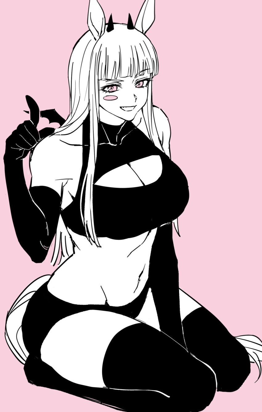 1girl animal_ears black_gloves black_thighhighs blunt_bangs breasts cleavage demon_horns demon_wings elbow_gloves gloves gold_ship_(umamusume) grin highres horns horse_ears horse_girl horse_tail large_breasts long_hair looking_at_viewer lut01 pink_background pink_eyes smile solo tail thighhighs umamusume white_hair wings