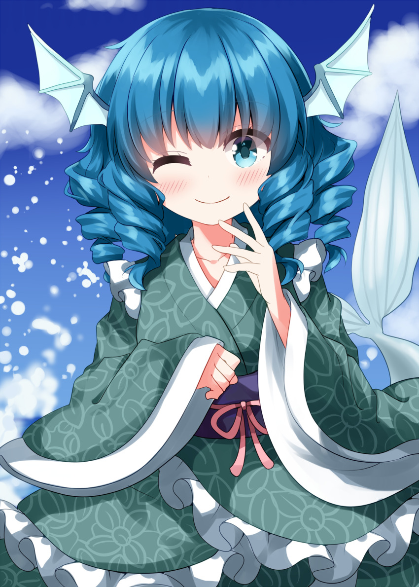 1girl blue_eyes blue_hair blush closed_mouth cloud commentary_request completion_time day drill_hair drill_sidelocks fins frilled_kimono frills hands_up head_fins highres japanese_clothes kimono long_sleeves looking_at_viewer medium_hair mermaid monster_girl obi outdoors purple_sash ruu_(tksymkw) sash sidelocks solo touhou upper_body wakasagihime wide_sleeves