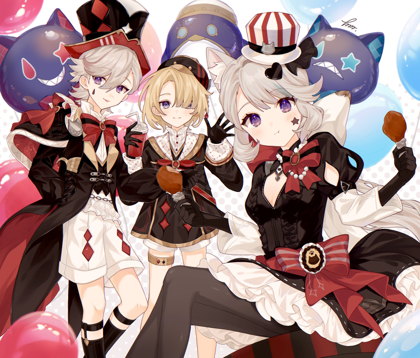 1girl 2boys :t absurdres animal_ears balloon black_dress black_gloves black_hat black_pantyhose black_socks blonde_hair blush bow bowtie breasts cat_ears cat_girl chicken_(food) commentary_request cup disposable_cup dress facial_mark food freminet_(genshin_impact) fried_chicken frilled_dress frills genshin_impact gloves hair_ornament hair_over_one_eye hat heart heart_hair_ornament highres holding holding_cup holding_food kneehighs looking_at_viewer lynette_(genshin_impact) lynette_(kfc)_(genshin_impact) lyney_(genshin_impact) lyney_(kfc)_(genshin_impact) multiple_boys pantyhose pers_(genshin_impact) purple_eyes red_bow red_bowtie rosseland_(genshin_impact) short_shorts shorts small_breasts socks star_(symbol) star_facial_mark tamamura_(tmmr5) teardrop_facial_mark tongue tongue_out top_hat white_shorts