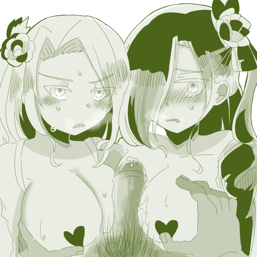 2girls bad_id bad_pixiv_id bad_tag cooperative_paizuri dorothee_(grimms_notes) grimms_notes looking_at_viewer monochrome multiple_girls noemie_(grimms_notes) odai_0715 paizuri pov teamwork_(sexual) topless_female