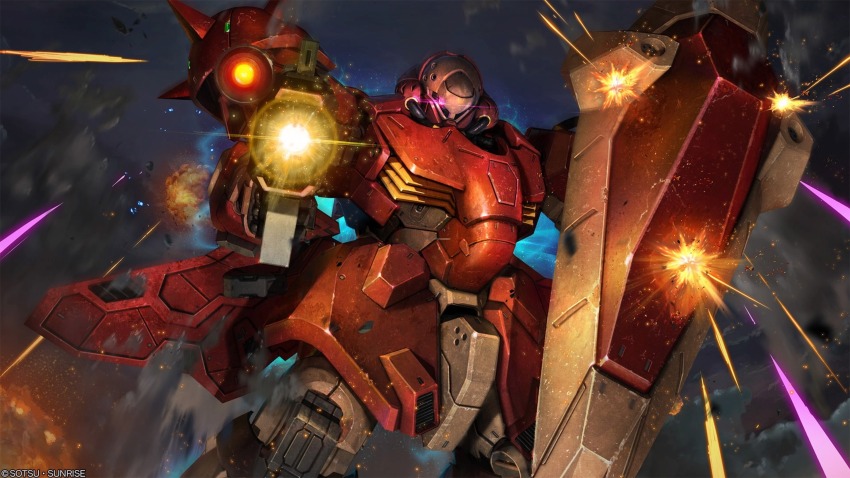 absurdres aiming aiming_at_viewer artist_request battle beam_rifle company_name copyright_notice damaged dirty energy_beam energy_gun exposed_internal_machinery firing gun gundam gundam_battle_operation_2 gundam_hathaway's_flash highres holding holding_weapon lens_flare machine_gun machinery mecha mecha_focus messer_(mobile_suit) mobile_suit no_humans one-eyed pink_eyes realistic robot science_fiction shield shoulder_spikes spikes sunrise_(company) weapon