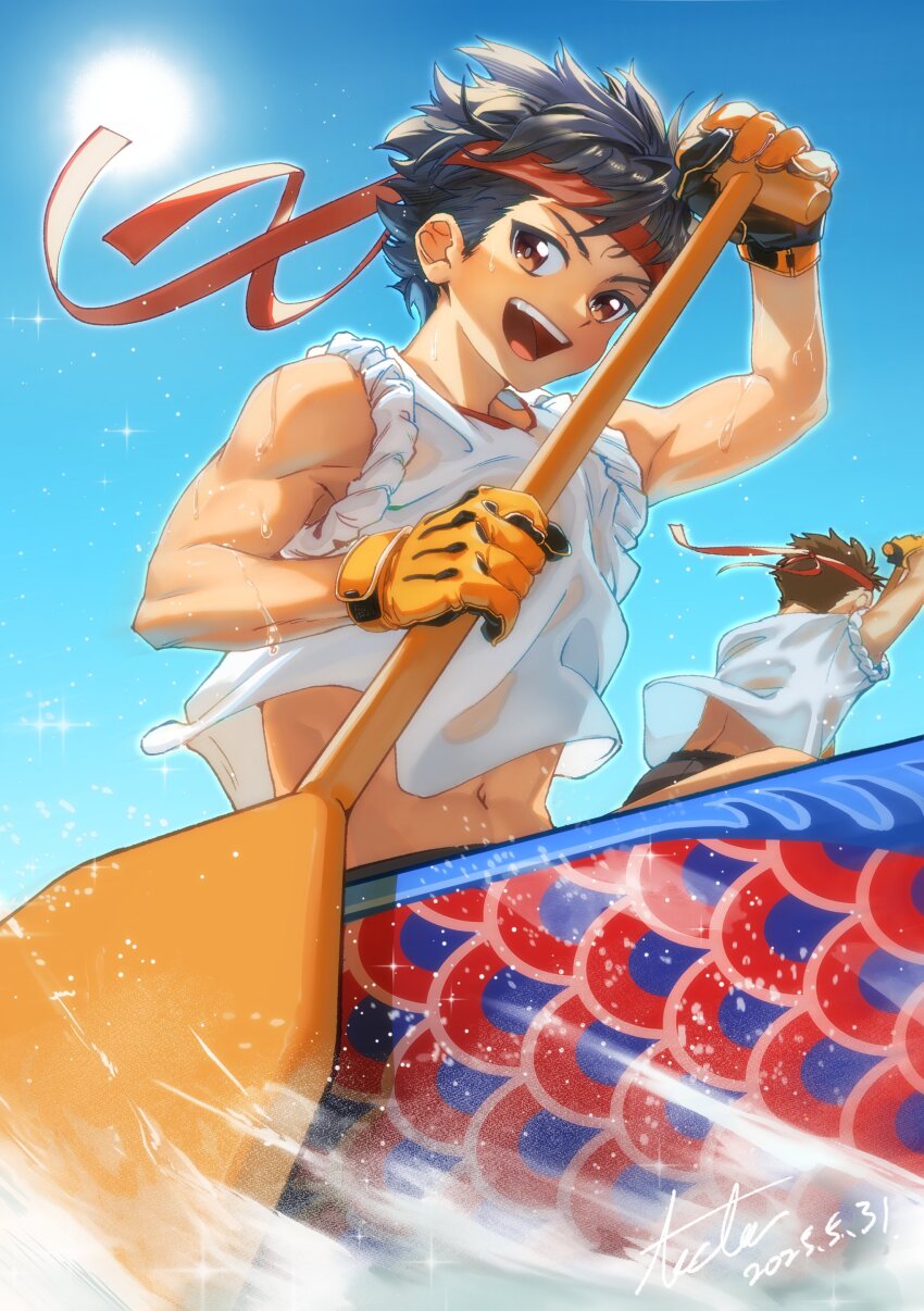 2boys absurdres accter artist_name black_hair blue_background boat brown_eyes brown_hair dated gloves highres holding male_focus midriff_peek multiple_boys open_mouth original shirt short_hair sleeveless sleeveless_shirt solo_focus teeth upper_body upper_teeth_only watercraft wet