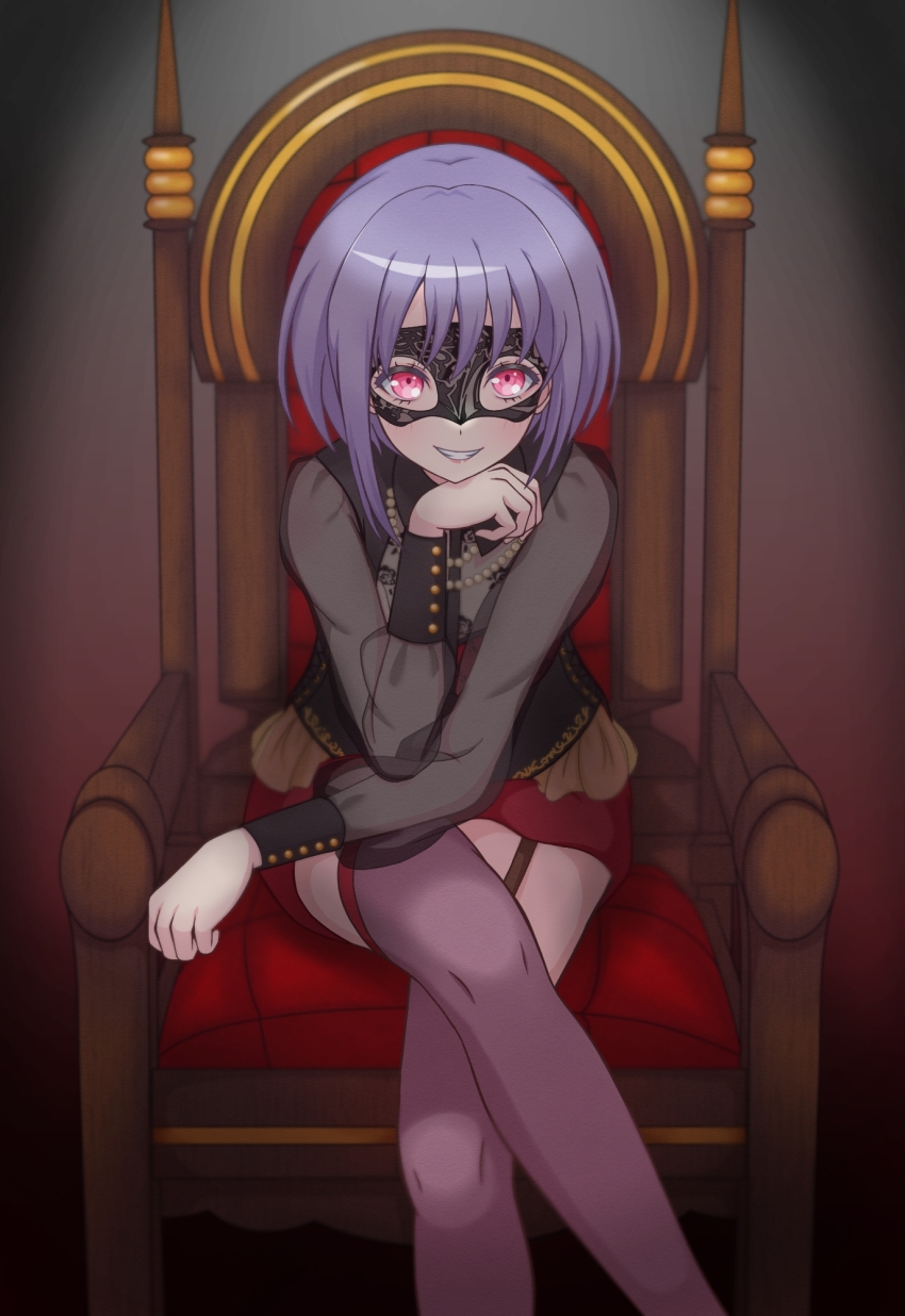 1girl amoris_(bang_dream!) atama_(abmbbmsbcg) bang_dream! bang_dream!_it's_mygo!!!!! black_mask black_shirt chair commentary crossed_legs garter_straps highres long_sleeves looking_at_viewer mask masquerade_mask open_mouth pink_eyes purple_hair red_shorts red_thighhighs see-through_clothes see-through_sleeves shirt short_hair shorts sitting solo thighhighs yuutenji_nyamu