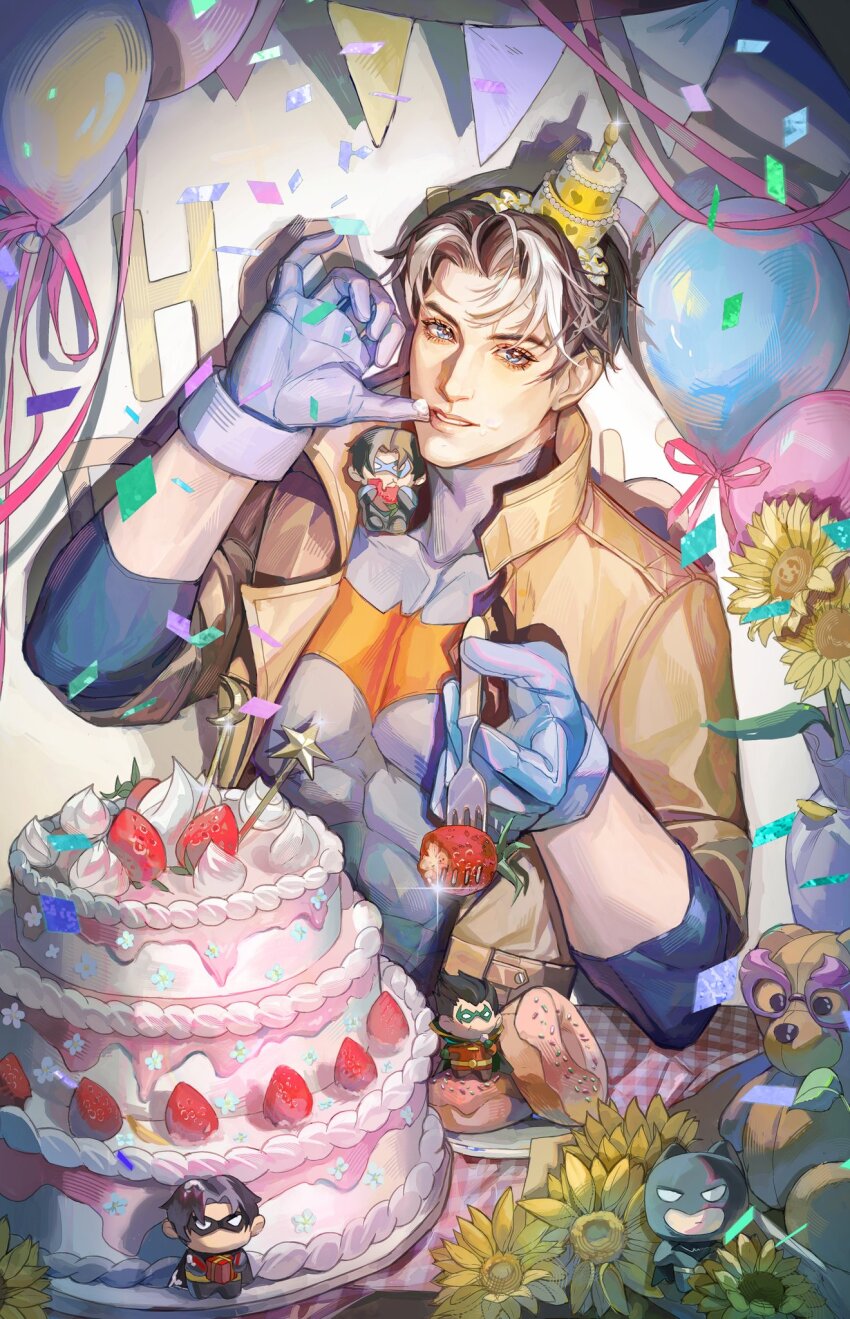 1boy bat_signal batman batman_(series) batman_symbol black_bodysuit black_gloves black_hair blue_eyes bodysuit brothers brown_jacket bruce_wayne cape cowl damian_wayne dc_comics dick_grayson domino_mask eye_mask gloves grey_bodysuit highres holding jacket jason_todd male_focus mask multicolored_bodysuit multicolored_hair multiple_boys muscular muscular_male nightwing open_clothes pants red_hood_(dc) red_hood_and_the_outlaws red_mask rfnyn17381 robin_(dc) short_hair siblings superhero_costume taut_bodysuit tim_drake two-tone_bodysuit two-tone_hair yellow_cape