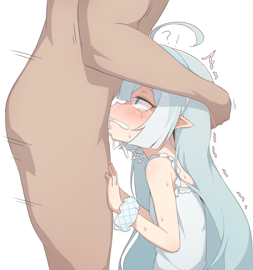 1boy 1girl antenna_hair bare_shoulders blue_eyes blue_hair breasts constricted_pupils crying crying_with_eyes_open cum cum_in_mouth deepthroat ejaculation empty_eyes fellatio female_tyrant_(stella_sora) from_side hetero irrumatio jallass loli long_hair looking_at_another matching_hair/eyes oral pointy_ears profile rape scared shirt simple_background sleeveless sleeveless_shirt small_breasts solo_focus stella_sora tears tyrant_(stella_sora) variant_set white_background white_shirt