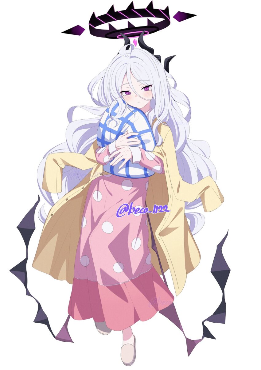 1girl \||/ ahoge beko_(beco_1122) black_horns blue_archive blush cardigan closed_mouth commentary_request demon_horns demon_wings full_body hair_between_eyes hair_down halo highres hina_(blue_archive) hina_(pajamas)_(blue_archive) horns hugging_object long_hair long_sleeves low_wings multiple_horns official_alternate_costume official_alternate_hairstyle open_cardigan open_clothes pajamas parted_bangs pillow pillow_hug polka_dot polka_dot_pajamas purple_eyes simple_background slippers solo twitter_username white_background white_hair wings yellow_cardigan