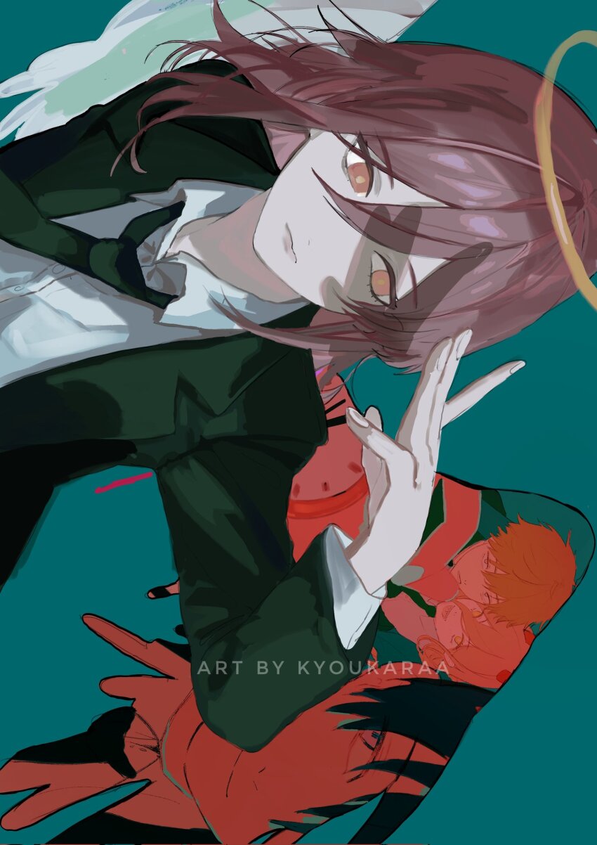 1girl 3boys androgynous angel_devil_(chainsaw_man) angel_wings black_hair black_jacket black_necktie chainsaw_man clock collared_shirt demon_girl denji_(chainsaw_man) feathered_wings green_background hair_between_eyes halo hayakawa_aki highres horns jacket kyoukaraa long_hair male_focus multiple_boys necktie open_mouth power_(chainsaw_man) red_eyes red_hair red_horns shading_eyes shirt short_hair smile suit_jacket traditional_halo upper_body white_shirt white_wings wings