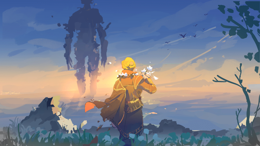 1girl blonde_hair blue_jacket braid cape chinese_commentary crown_braid duchess_(elden_ring) elden_ring elden_ring_nightreign flower from_behind giant grass hair_bun highres holding holding_flower jacket landscape ocean ornate_clothes outdoors scenery standing sunrise tree water