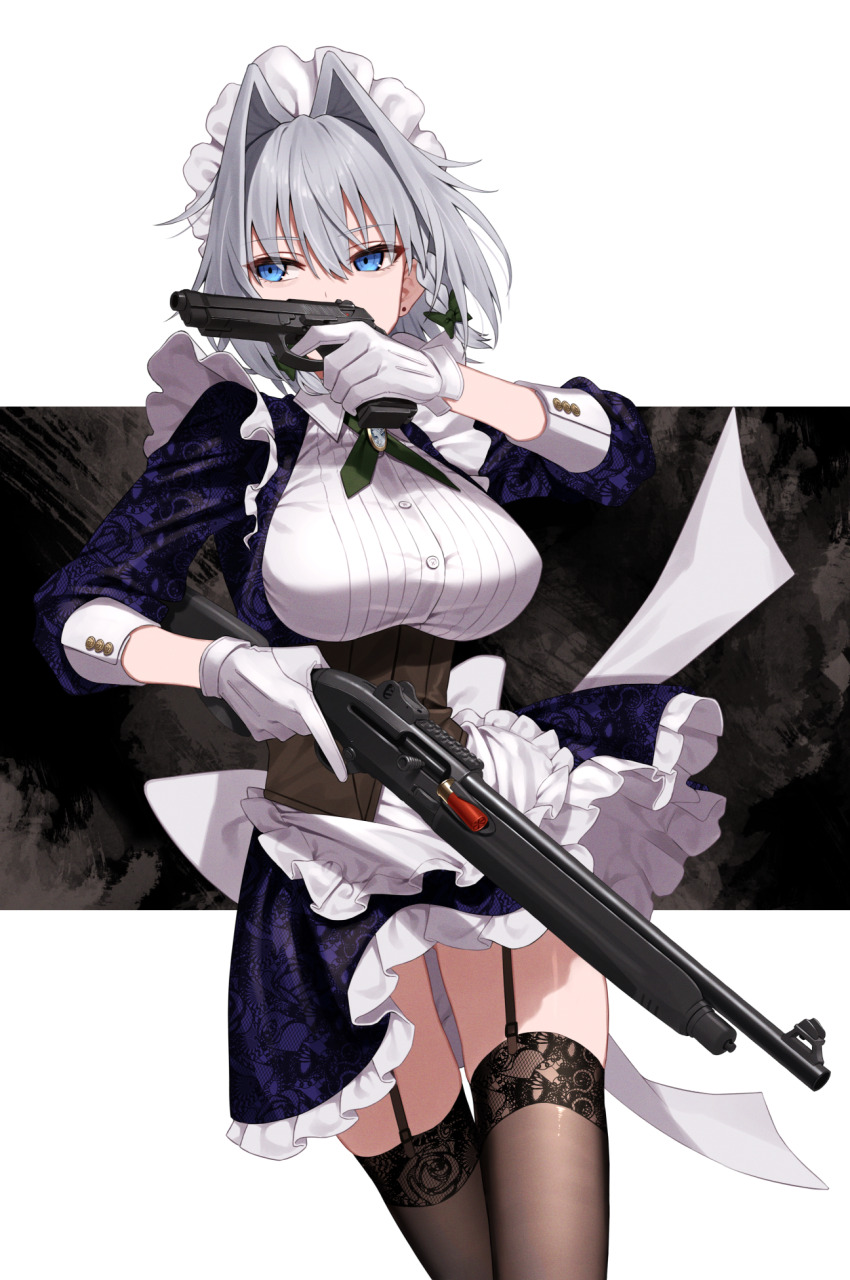 1girl ammunition asymmetrical_dual_wielding beretta_1301 beretta_92 black_corset black_thighhighs blue_dress blue_eyes bow braid breasts brooch buttons commentary_request corset cowboy_shot cross_tie cuff_links dress dual_wielding finger_on_trigger frilled_dress frills garter_straps gloves green_bow greenkohgen grey_hair gun hair_bow hair_intakes handgun highres holding holding_gun holding_weapon izayoi_sakuya jewelry lace lace-trimmed_thighhighs lace_thighhighs lace_trim large_breasts looking_to_the_side maid maid_headdress purple_dress rifle shirt short_hair shotgun shotgun_shell side_braids solo thighhighs touhou trigger_discipline twin_braids weapon white_background white_gloves white_shirt