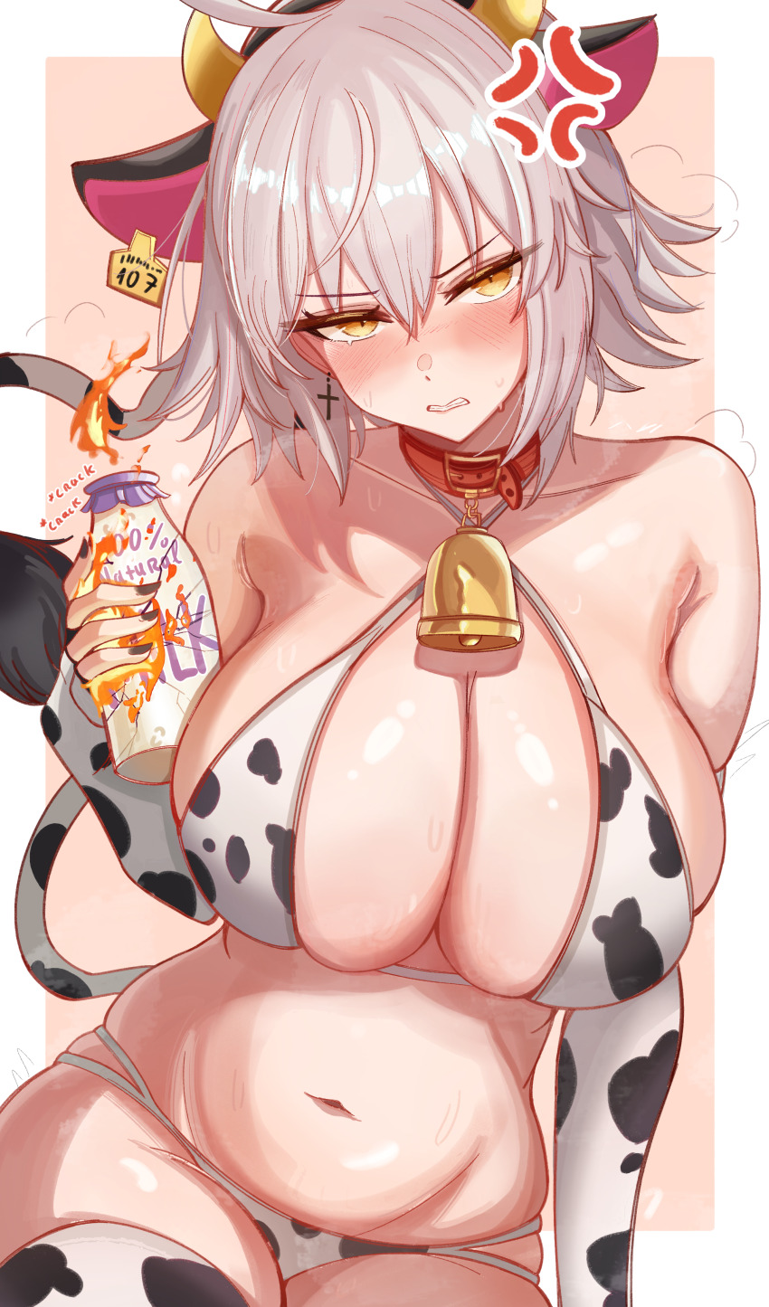 0nineo9 1girl absurdres ahoge anger_vein animal_ears animal_print bare_shoulders bell bikini blush bottle breasts cleavage collar commentary cow_ears cow_horns cow_print cow_tail cowbell english_commentary fake_animal_ears fake_horns fake_tail fate/grand_order fate_(series) grey_hair highres horns jeanne_d'arc_alter_(fate) large_breasts looking_at_viewer milk_bottle navel short_hair solo swimsuit tail white_bikini yellow_eyes