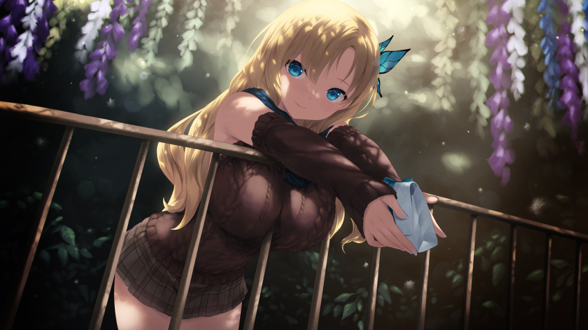 1girl alternate_costume bag bare_shoulders bent_over blonde_hair blue_eyes boku_wa_tomodachi_ga_sukunai breasts brown_skirt brown_sleeves brown_sweater butterfly_hair_ornament cait_aron closed_mouth cowboy_shot detached_sleeves hair_ornament highres holding holding_bag kashiwazaki_sena large_breasts long_hair miniskirt nail_polish plaid_clothes plaid_skirt railing skirt smile solo standing sweater tree