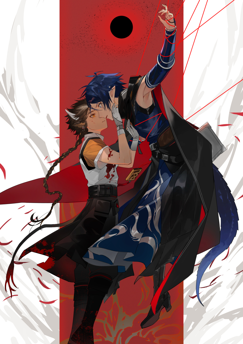 2boys 676643396dolce absurdres animal_ears arknights arm_guards armpits arms_up bdsm black_cape blood blood_on_clothes blue_hair bondage bound brown_hair cape chinese_commentary commentary_request cow_boy cow_ears cow_horns feet_out_of_frame full_body gloves hand_on_another's_cheek hand_on_another's_face hand_up highres horns long_hair looking_at_another male_focus multiple_boys pointy_ears red_background red_cape shirt short_sleeves snake_boy snake_tail string string_of_fate surprised tail two-sided_cape two-sided_fabric two-tone_background very_long_hair wan_qing_(arknights) white_background white_gloves white_shirt yaoi yellow_eyes zuo_le_(arknights)