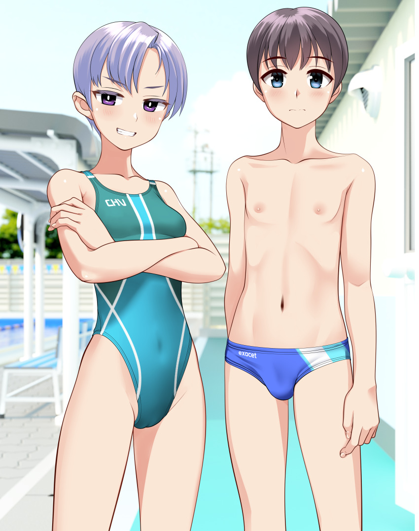 1boy 1girl absurdres age_difference androgynous aqua_one-piece_swimsuit black_hair blue_eyes blue_male_swimwear blue_sky breasts cloud commentary_request competition_swimsuit crossed_arms day grey_eyes grin highres male_swimwear multicolored_male_swimwear multicolored_swimsuit one-piece_swimsuit onee-shota original outdoors purple_eyes short_hair sky small_breasts smile standing swim_briefs swimsuit takafumi variant_set