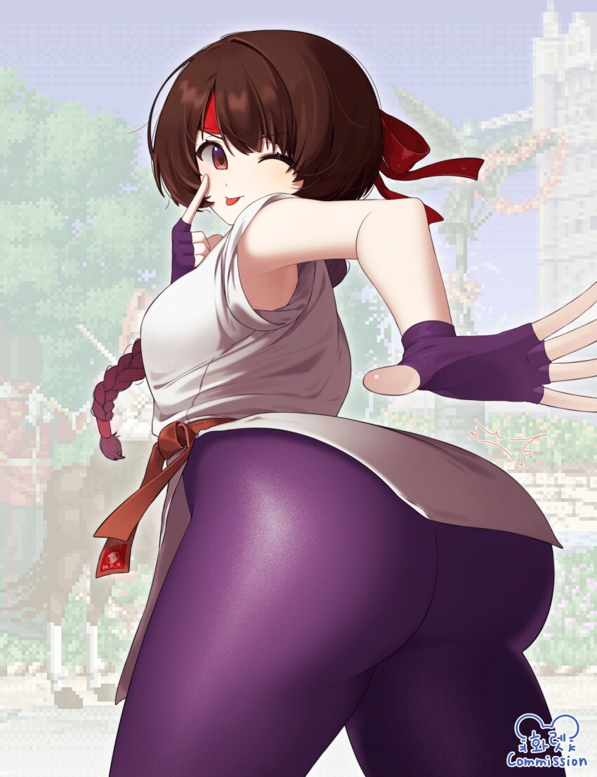 1girl ass braid braided_ponytail breasts brown_eyes brown_hair dougi female_focus from_behind grabbing_own_ass huge_ass huge_breasts hwa_rat karate_gi large_breasts leggings long_hair looking_at_viewer looking_back one_eye_closed pale_skin pants ponytail skirt spandex spanked spanking spanking_self teasing the_king_of_fighters thick_thighs thighs tight_clothes tight_pants tongue tongue_out wink yoga_pants yuri_sakazaki