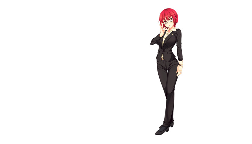 1girl belt black-framed_eyewear black_jacket black_pants black_shoes black_suit breasts brown_belt collared_shirt formal_clothes full_body glasses jacket large_breasts nora_to_oujo_to_noraneko_heart official_art oozora_itsuki pants red_hair semi-rimless_eyewear shirt shoes short_hair simple_background solo suit tachi-e takada_nobuchika transparent_background white_shirt wing_collar