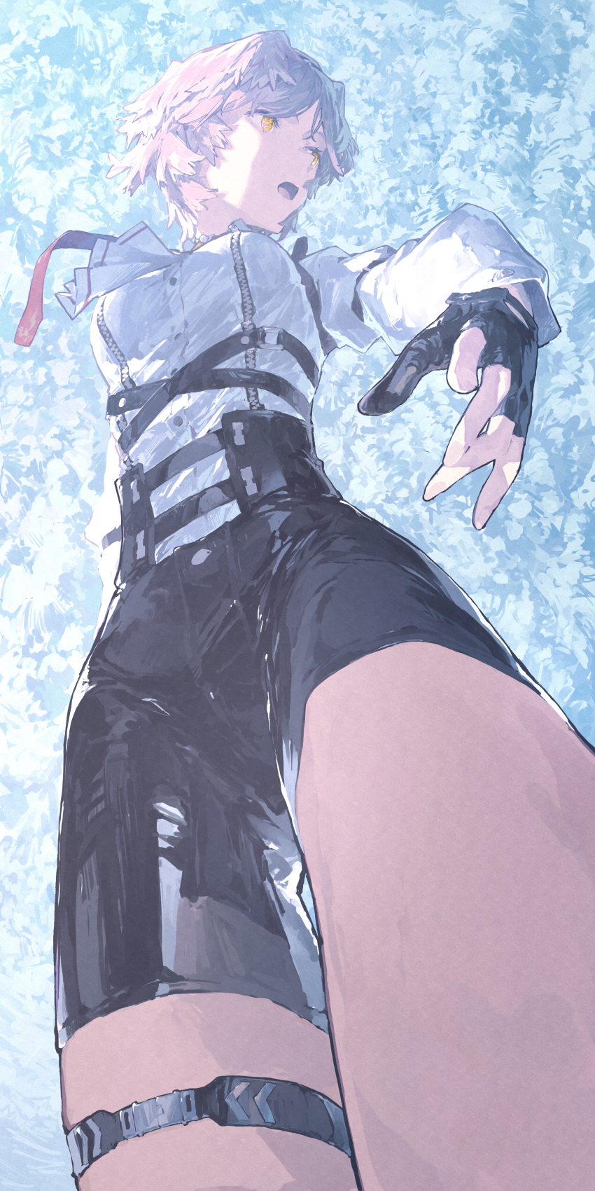 1girl absurdres black_gloves breasts commentary_request feathered_wings fingerless_gloves from_below gloves head_wings highres hololive large_breasts legband long_sleeves necktie pink_hair red_necktie shiloroshi short_hair solo takane_lui takane_lui_(1st_costume) virtual_youtuber wings yellow_eyes