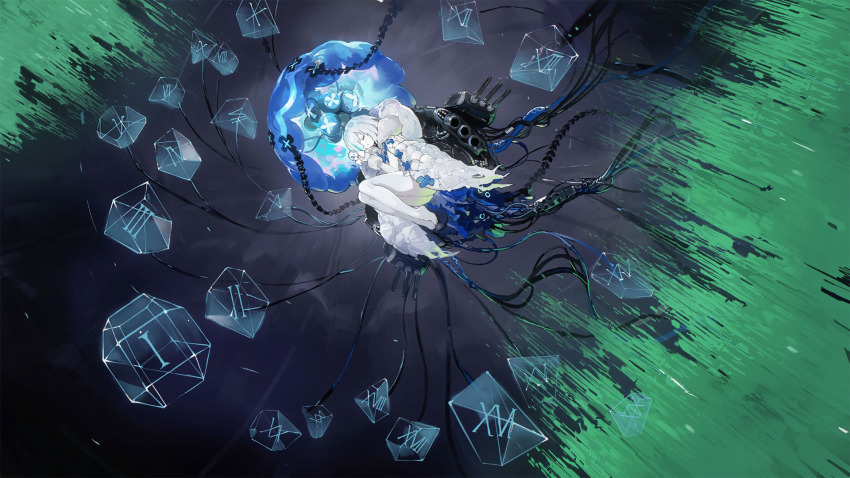 azur_lane closed_eyes crystal doll floating game_cg highres jellyfish non-web_source observer_zero_(azur_lane) rigging roman_numeral ship_turret shirt siren_(azur_lane) string stuffed_toy white_hair white_shirt