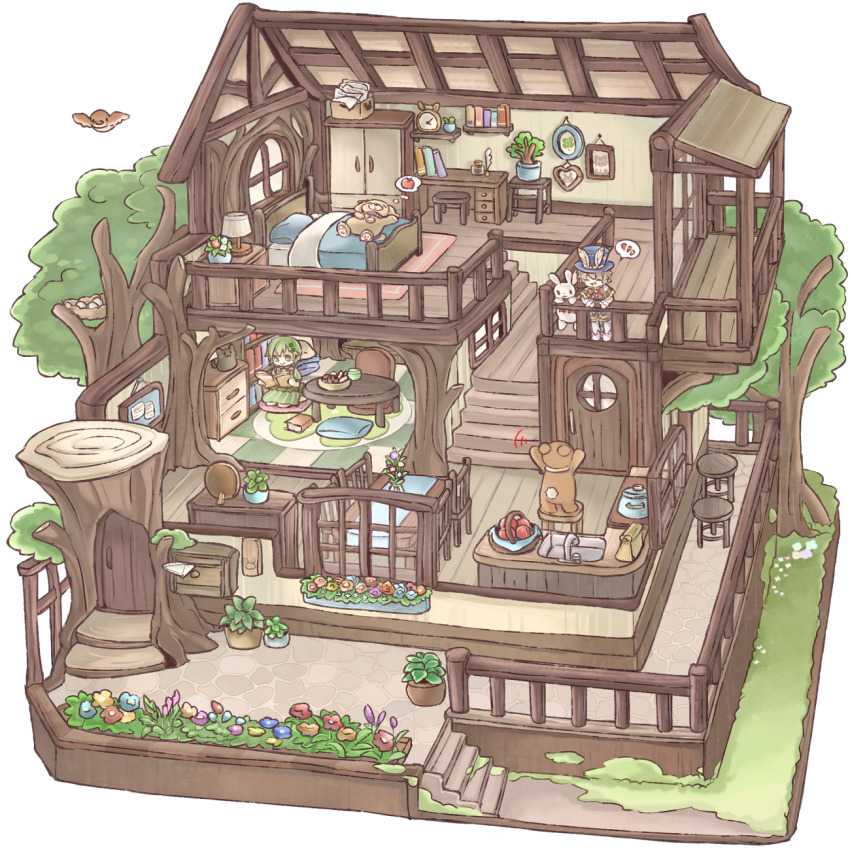 1boy 1girl :d animal bear bed blanket book bowl chair chigu closed_eyes closed_mouth commentary_request cooking_pot dog door floorplan flower grass highres holding holding_book lying notice_lines on_back on_bed open_book open_mouth original pillow plant potted_plant rabbit reading sitting smile speech_bubble spoken_food spoken_notice_lines stairs standing table thought_bubble tree vase wooden_floor