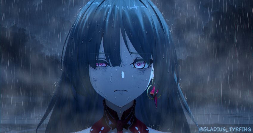 1girl 3d absurdres blender_(medium) blurry blurry_background close-up closed_mouth collar commentary detached_collar dirty dirty_face earrings english_commentary gladius_tyrfing grey_eyes grey_hair hair_between_eyes half-closed_eye high_collar highres jewelry long_hair looking_at_viewer multicolored_eyes phrolova_(wuthering_waves) portrait rain reze's_eye_twitch_(chainsaw_man) sidelocks solo tree twitter_username wet wet_face wet_hair wuthering_waves