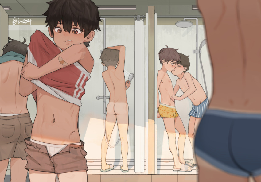 2024 6+boys ass baiyun_(13487) bandaid bandaid_on_arm black_hair blush brown_eyes bulge clothed_male_nude_male completely_nude erection erection_under_clothes grey_hair highres indoors kiss kodomo_doushi male_focus male_underwear multiple_boys navel nipples nude original sandals shota shower_(place) shower_head showering standing tan tanline topless_male underwear undressing yaoi