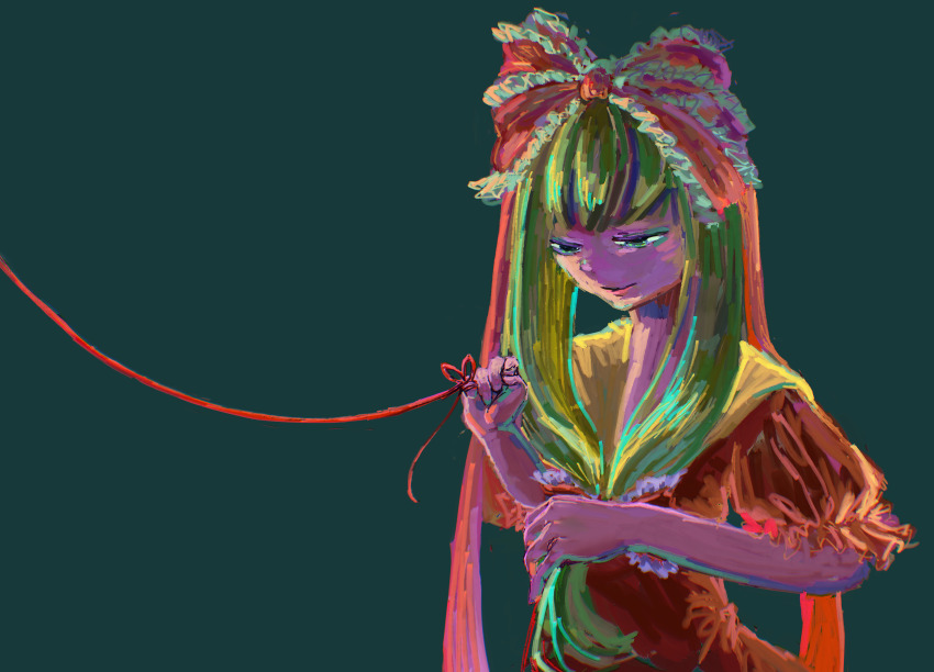 1girl absurdres aqua_background closed_mouth commentary dress frilled_ribbon frills front_ponytail green_hair hair_ribbon half-closed_eyes hand_up highres kagiyama_hina long_hair omaega_chan puffy_short_sleeves puffy_sleeves red_dress ribbon short_sleeves solo string string_of_fate touhou upper_body