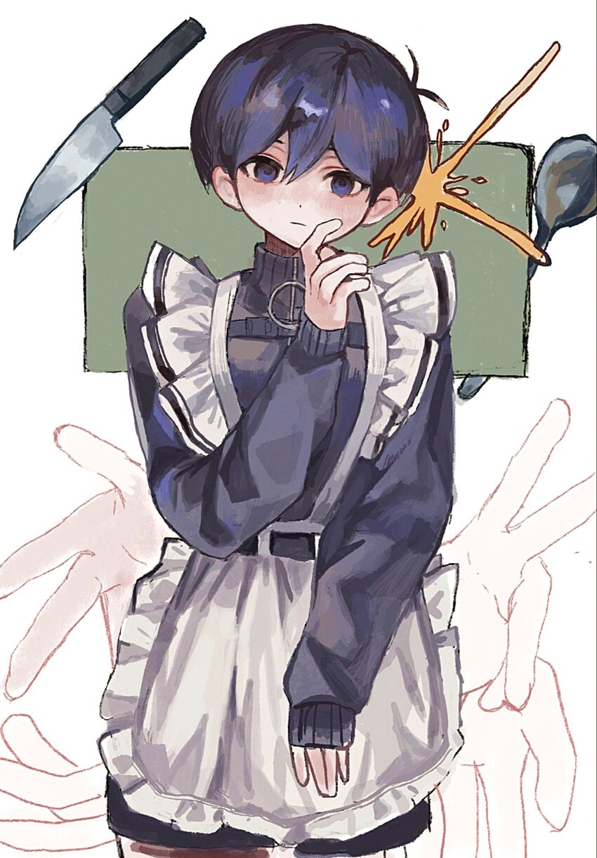 1boy \||/ alternate_costume antenna_hair apron belt black_belt black_eyes black_hair black_jacket black_shorts blush border chinese_commentary closed_mouth commentary_request cowboy_shot double-parted_bangs empty_eyes enmaided extra_arms finger_to_own_chin frilled_apron frills frying_pan green_background hair_behind_ear hair_between_eyes hand_up head_tilt highres jacket jersey_maid kitchen_knife knife light_frown long_sleeves looking_at_viewer maid maid_apron male_focus omori outside_border puffy_long_sleeves puffy_sleeves short_hair shorts simple_background sleeves_past_wrists solo standing straight-on sunny_(omori) tokkooyaku track_jacket turtleneck turtleneck_jacket unconventional_maid very_short_hair waist_apron white_apron white_border