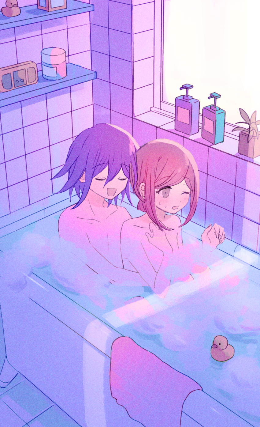 1boy 1girl bathroom bathtub blush brown_eyes closed_eyes commentary_request danganronpa_(series) danganronpa_v3:_killing_harmony flipped_hair hair_between_eyes hetero highres hug hug_from_behind indoors long_sleeves mixed-sex_bathing nude oma_kokichi one_eye_closed open_mouth partially_submerged plant potted_plant purple_hair purple_theme red_hair rubber_duck shampoo_bottle shared_bathing short_hair smile soap_bubbles sunlight tile_wall tiles water window xiao_(grsnss25) yumeno_himiko