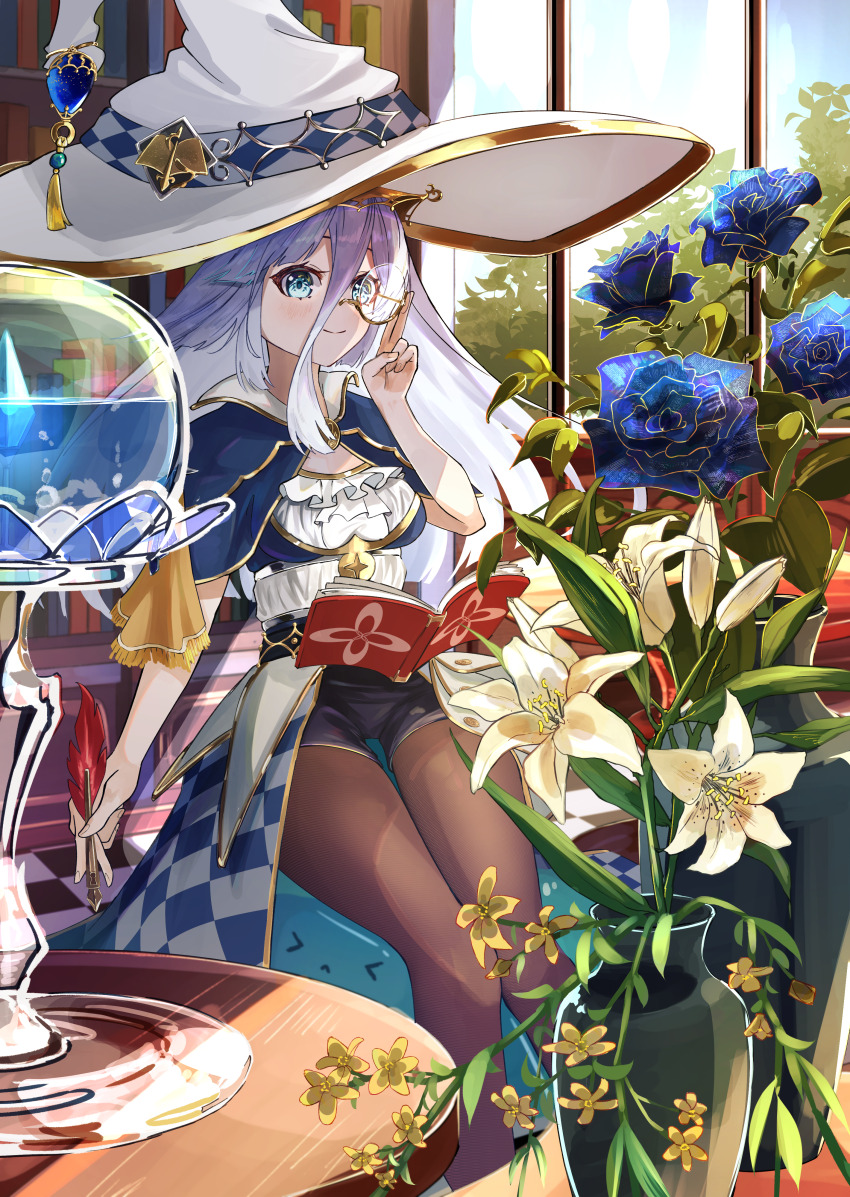 >_< 1girl absurdres black_shorts blue_dress blue_eyes breasts brown_pantyhose cleavage_cutout clothing_cutout commentary_request dress flower frilled_dress frills glasses hat highres holding holding_quill lily_(flower) long_hair medium_breasts miyako_0 monocle original pantyhose quill round_eyewear salute semi-rimless_eyewear short_sleeves shorts sitting sitting_on_animal slime_(substance) smile solo two-finger_salute under-rim_eyewear vase white_hair witch_hat