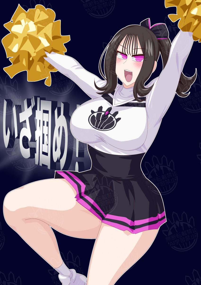 1girl absurdres breasts brown_hair cheerleader highres ichikawa_sumino large_breasts no.1_sentai_gozyuger otokamu pom_pom_(cheerleading) purple_eyes skirt super_sentai